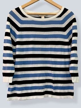 LOFT Boat Neck Knit Top 3/4 Sleeve Blue Black White Striped XL